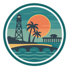 Lighthouse and palm trees on an island, pier, sunset, ocean, and bridge inside a teal circle.