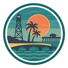 Lighthouse, palm trees, bridge, and pier silhouette against a sunset in a circular frame.