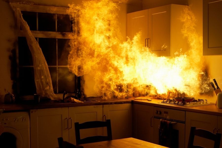 Active kitchen fire burning in a residential home before firefighters arrive