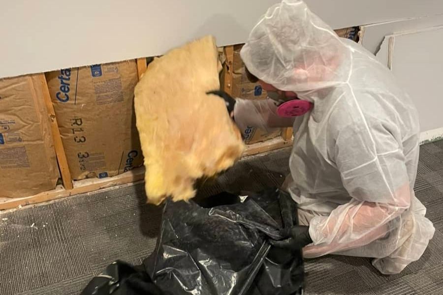 Technicians performing demolition during an asbestos removal project inside a residential home