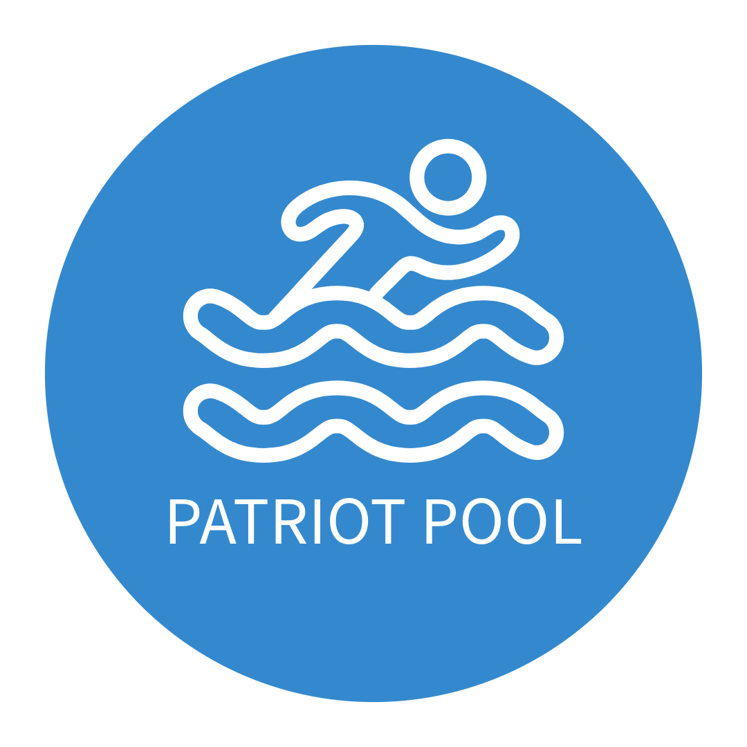 A logo for patriot pool shows a person swimming in the water.