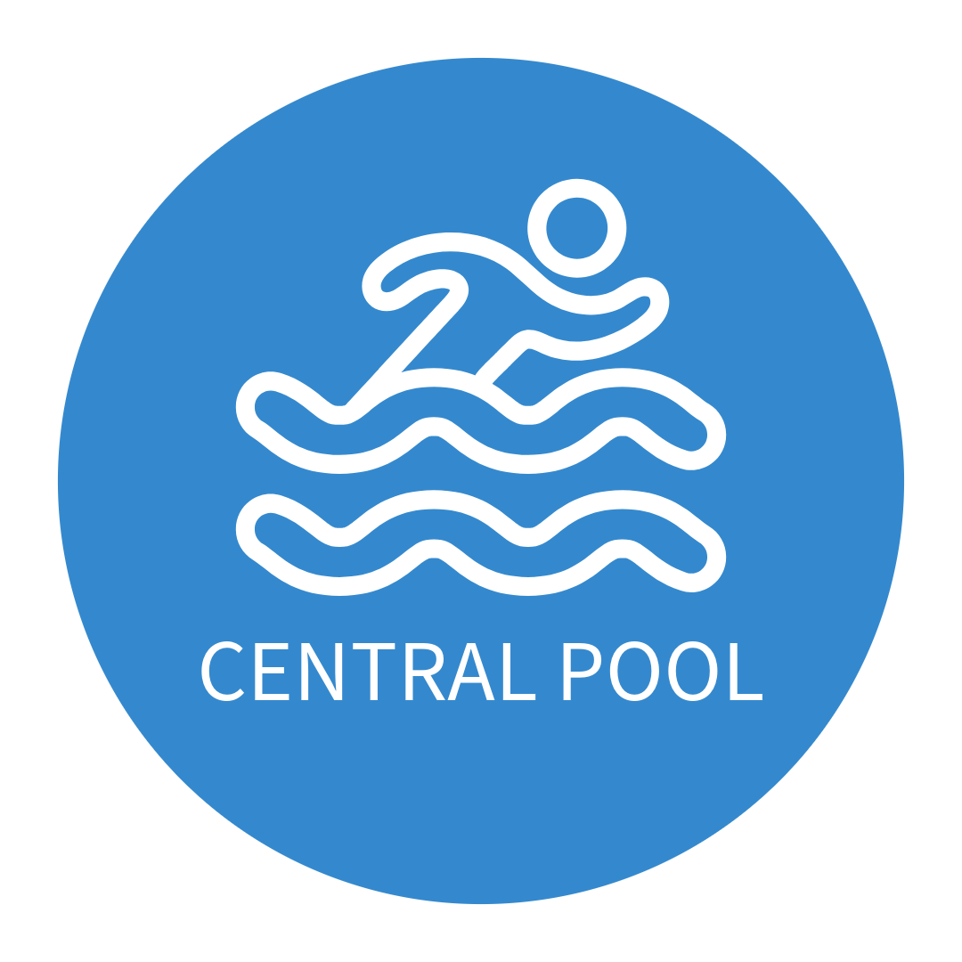 A blue circle with the words central pool on it