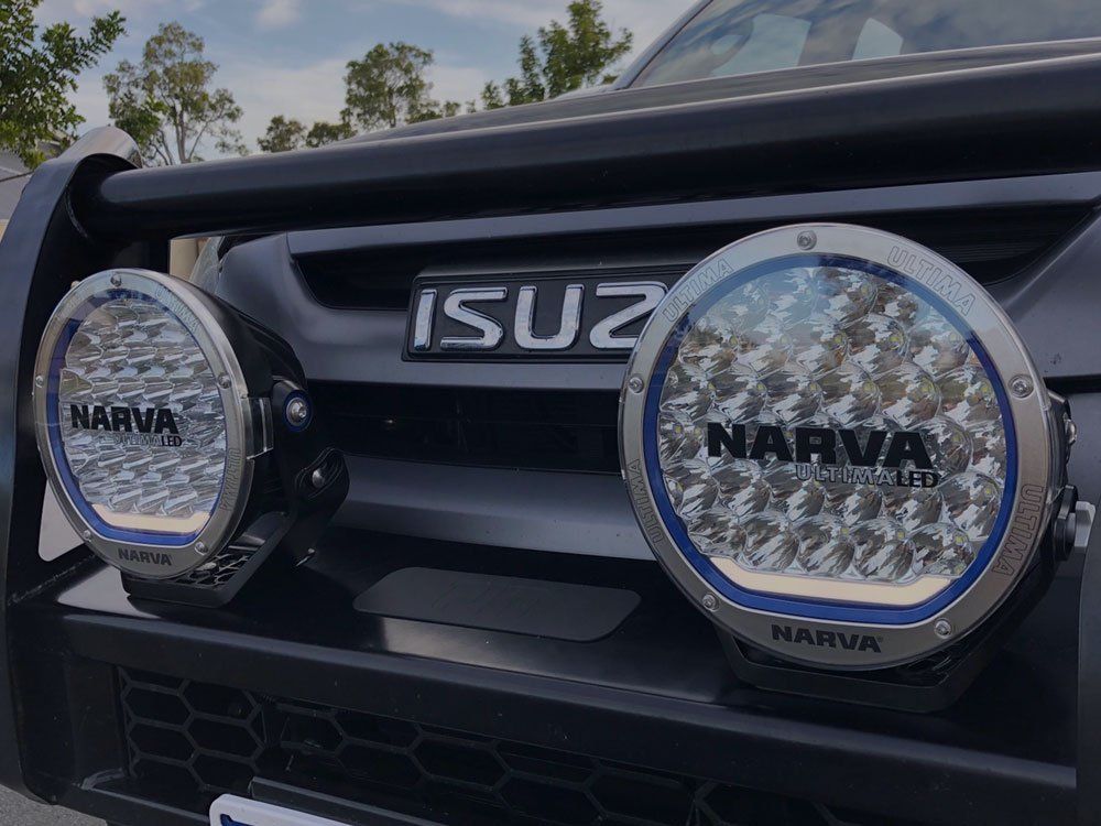 Narva Ultima LED driving lights mounted on bull bar of Isuzu 4WD for improved night driving and off-road visibility.