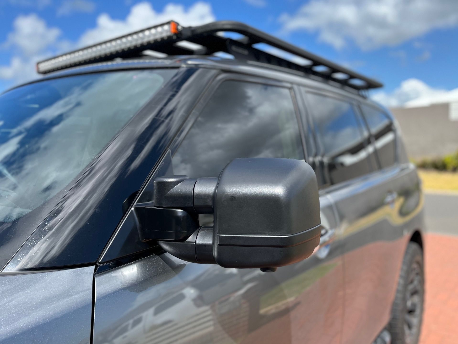 Extendable Clearview towing mirror fitted to 4WD for safer caravan towing and improved rear visibility on touring setups.