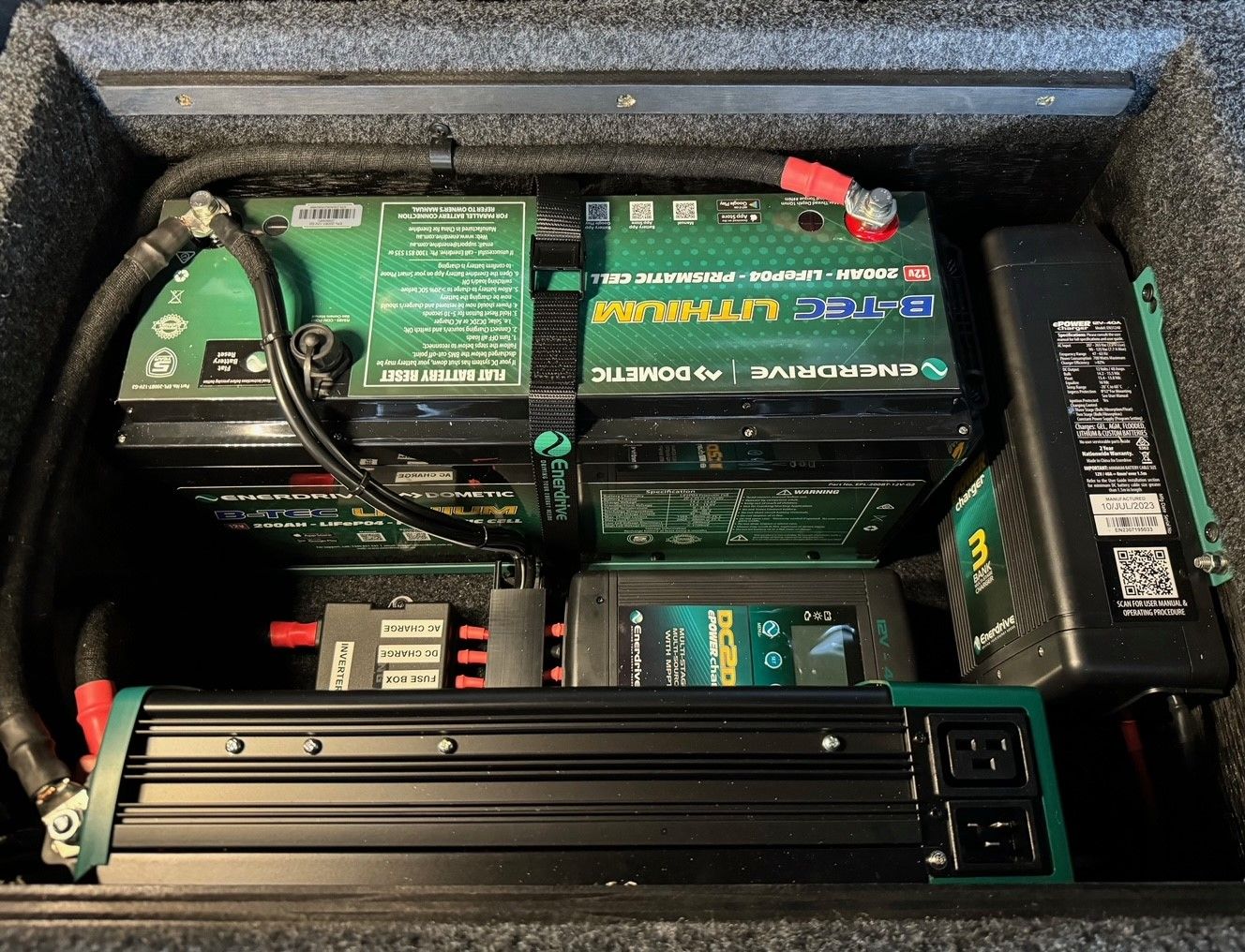 Lithium battery system with Enerdrive B-TEC battery, DC2DC charger and inverter installed for off-grid 4WD touring power