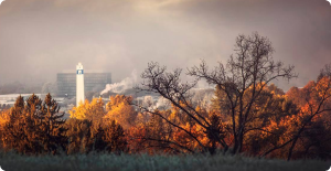 Autumn trees framing a white lighthouse under a cloudy sky