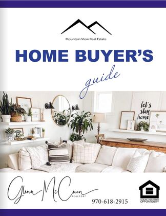 A home buyer 's guide with a picture of a living room.