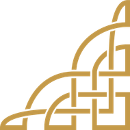 A gold, ornate Celtic knot corner design featuring interlocking curved lines and geometric patterns on a white background.