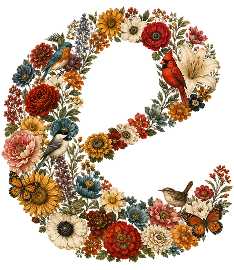 Floral letter C with birds and butterflies in autumn colors