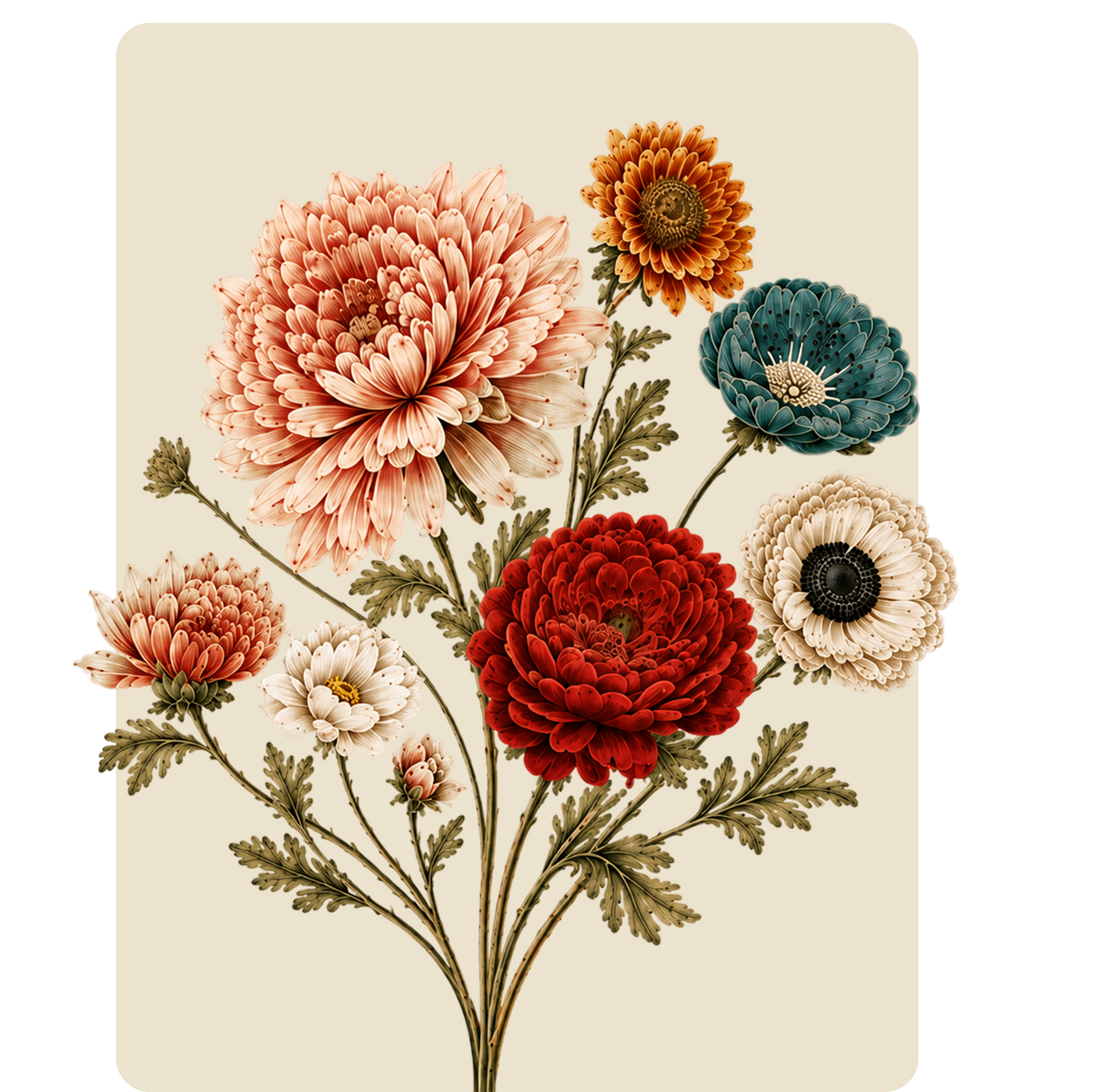 Assorted colorful flowers on stems in a vintage botanical illustration style