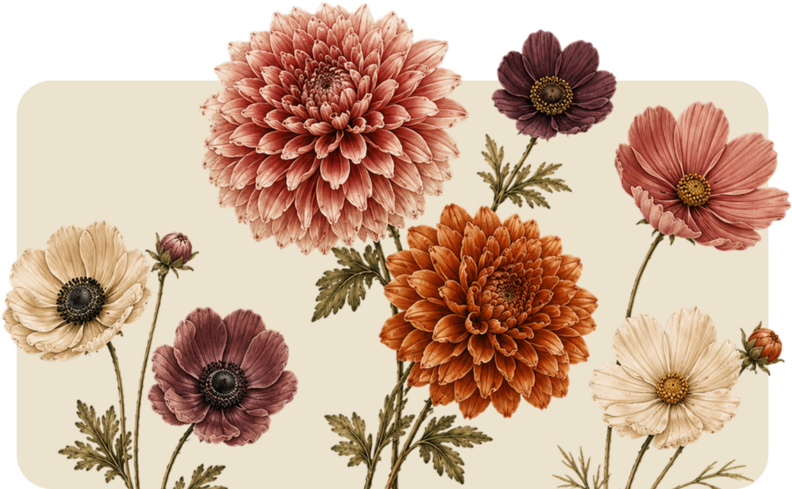 Assorted dahlias in blush, peach, rust, burgundy, and cream on a light background