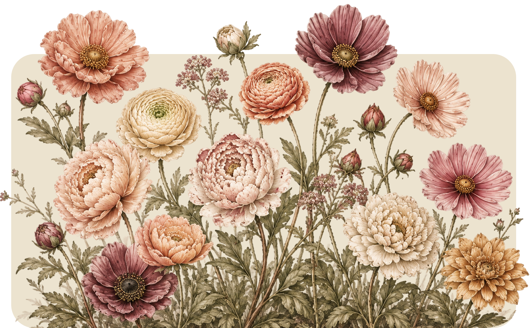 Soft watercolor floral bouquet with pink, cream, and burgundy blossoms and greenery on a beige background