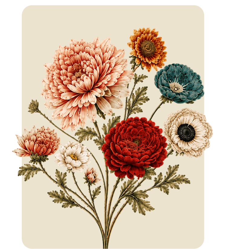 Bouquet of colorful illustrated flowers on a beige background