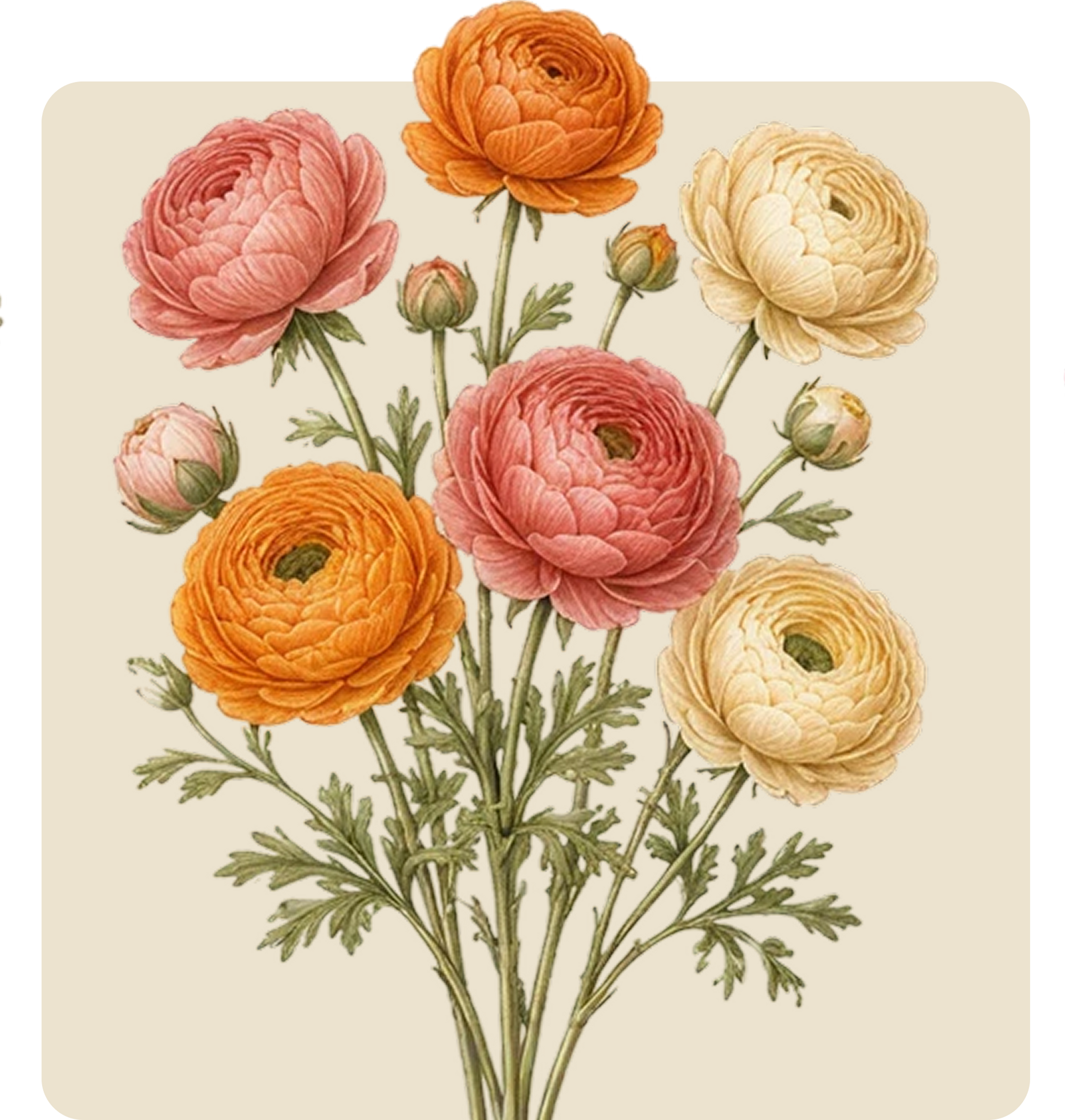 Illustration of six pastel ranunculus flowers in pink, orange, and cream with green stems and leaves on a beige background
