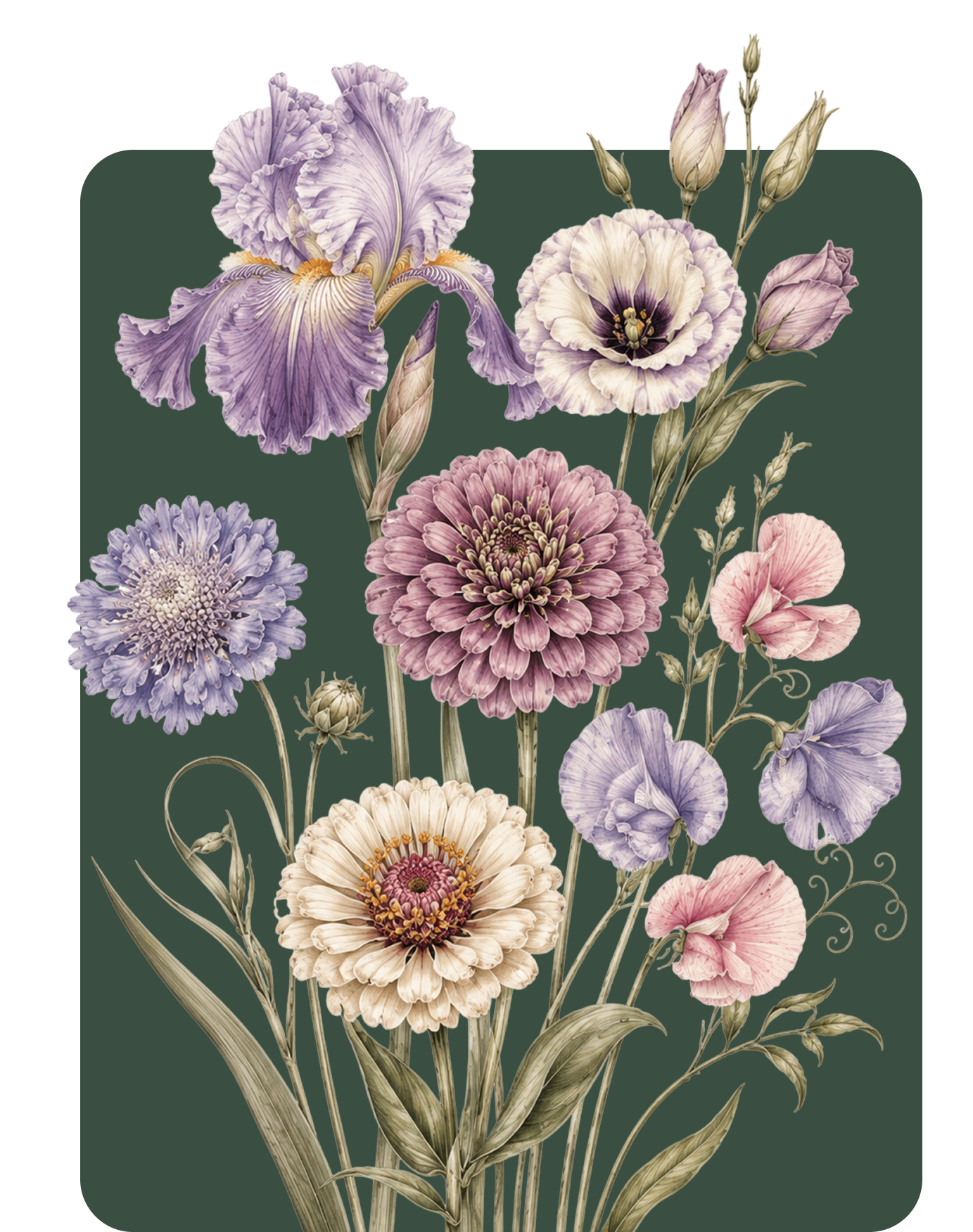Vintage floral bouquet of pastel purple, pink, and cream flowers on a dark green background