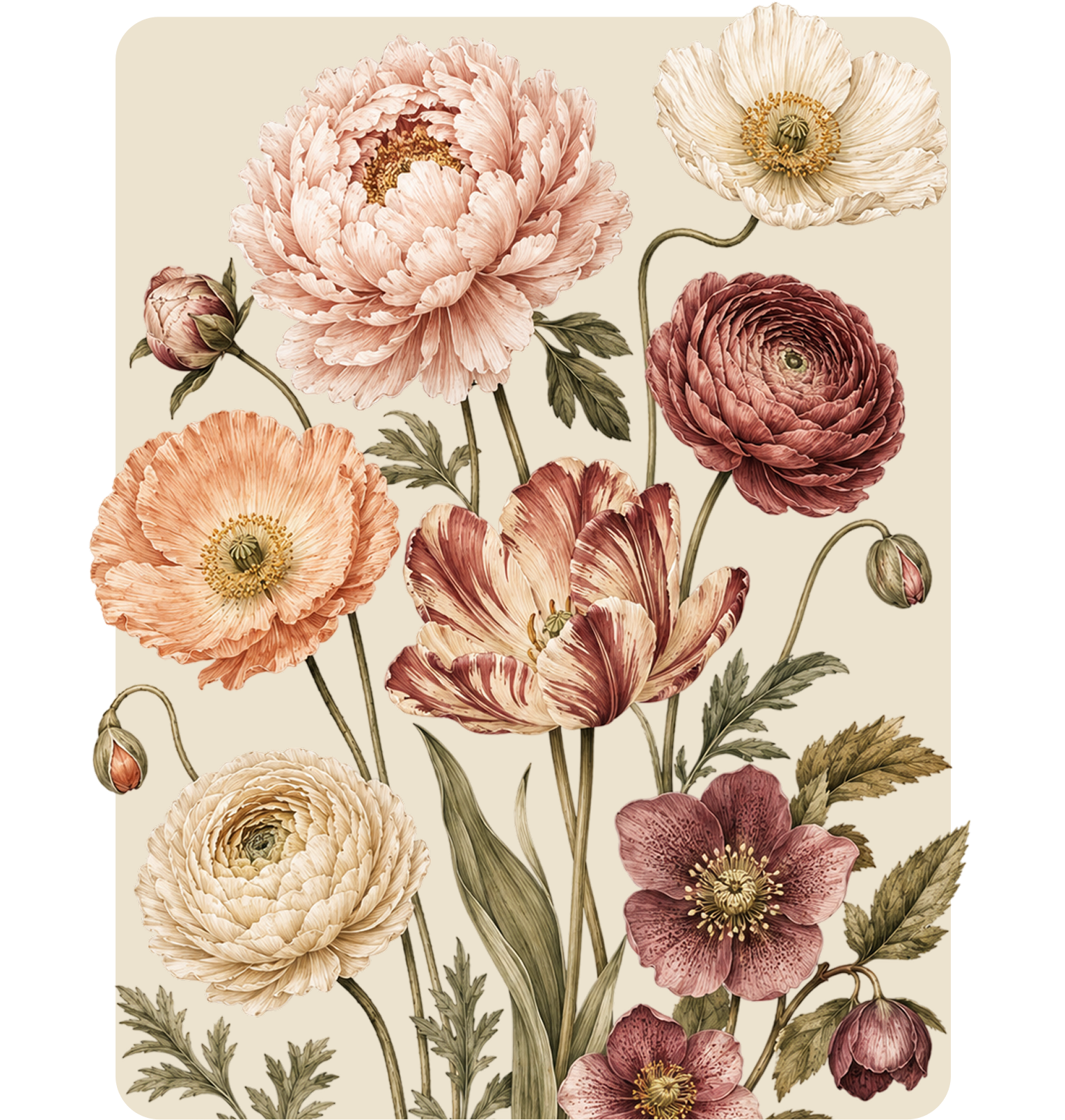 Vintage-style floral illustration with peach, pink, cream, and burgundy blossoms on a light background