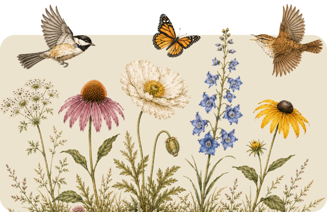 Birds and butterflies over wildflowers in a soft beige meadow scene