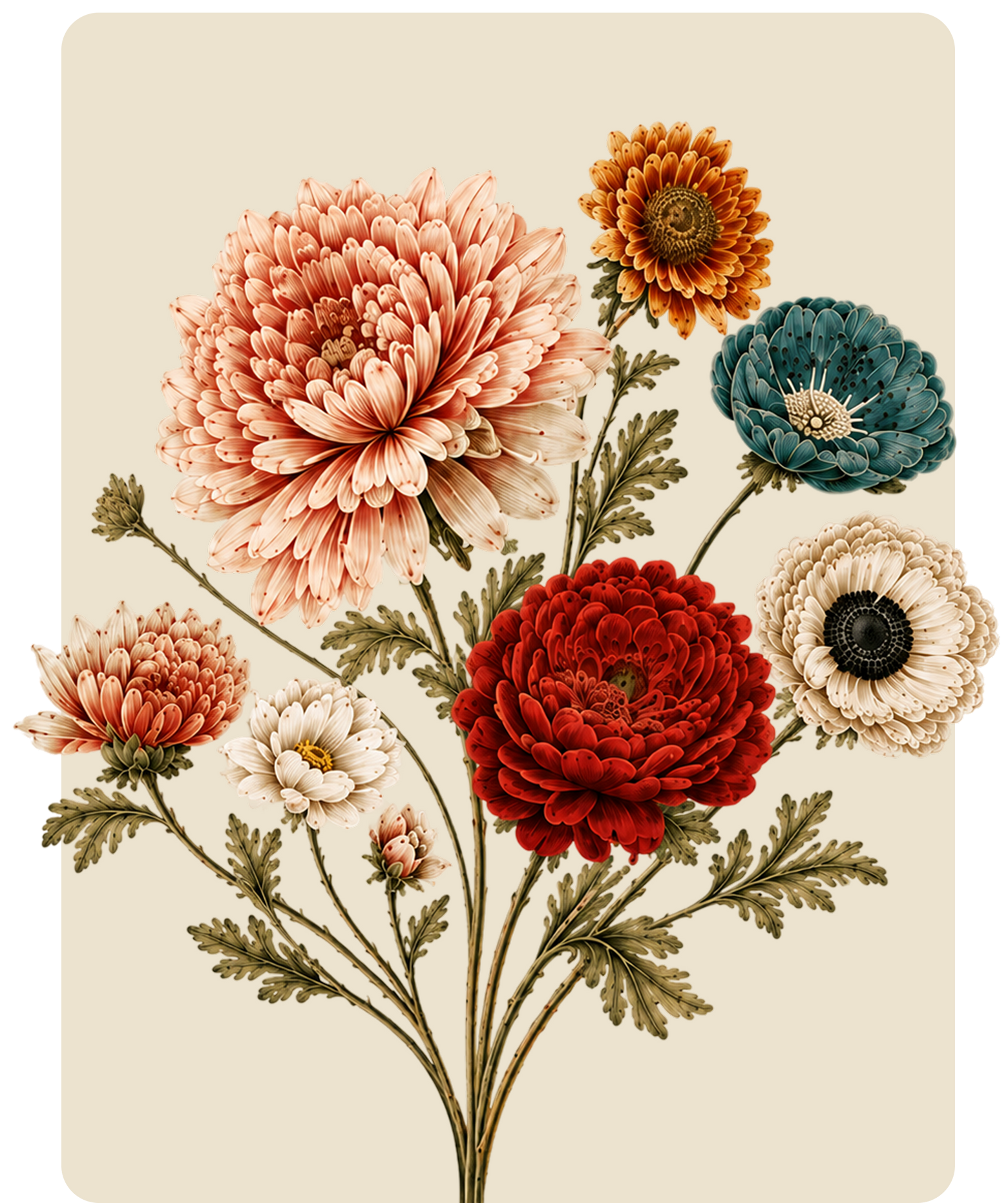 Bouquet of vintage-style flowers in peach, red, yellow, blue, and cream on a beige background