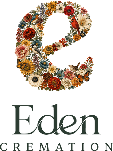 Eden Cremation logo with a floral letter E in red, orange, cream, and blue blossoms