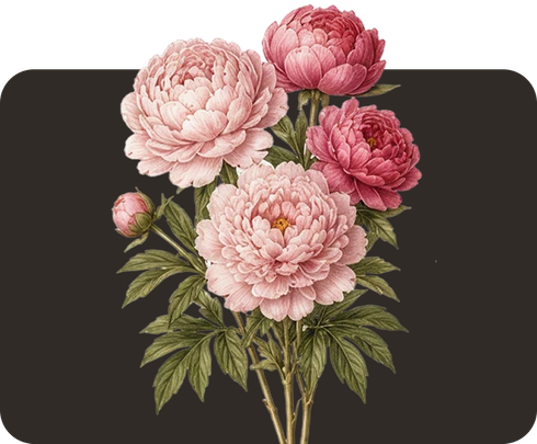 Pink peonies with green leaves arranged in a bouquet on a dark background