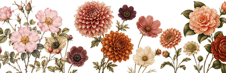 Watercolor floral border with pink, peach, and burgundy flowers and green stems on a white background