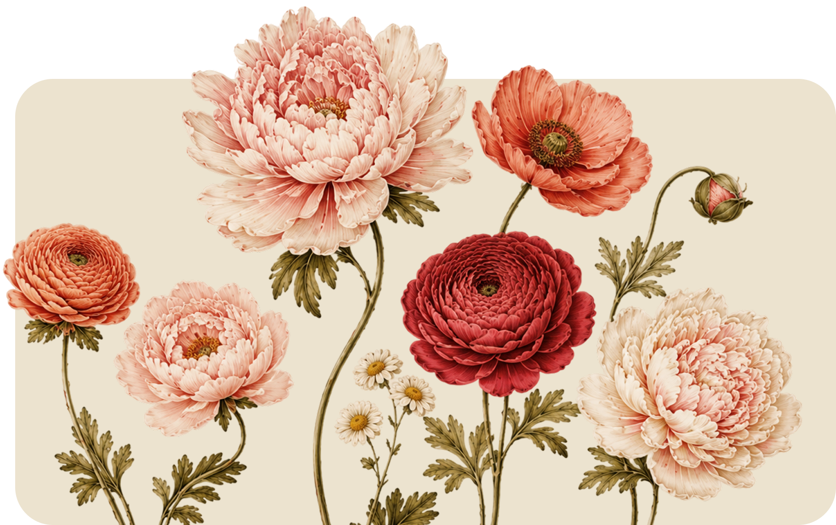 Vintage floral bouquet with pink, red, and peach blossoms on a cream background