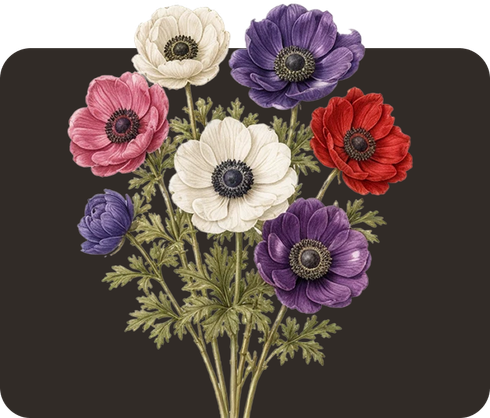 Illustrated bouquet of anemones in white, pink, purple, and red on a dark background