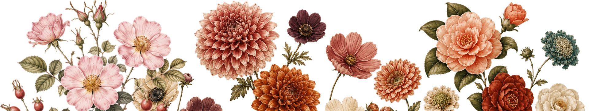 Floral border with pink, peach, and orange flowers and greenery on a white background