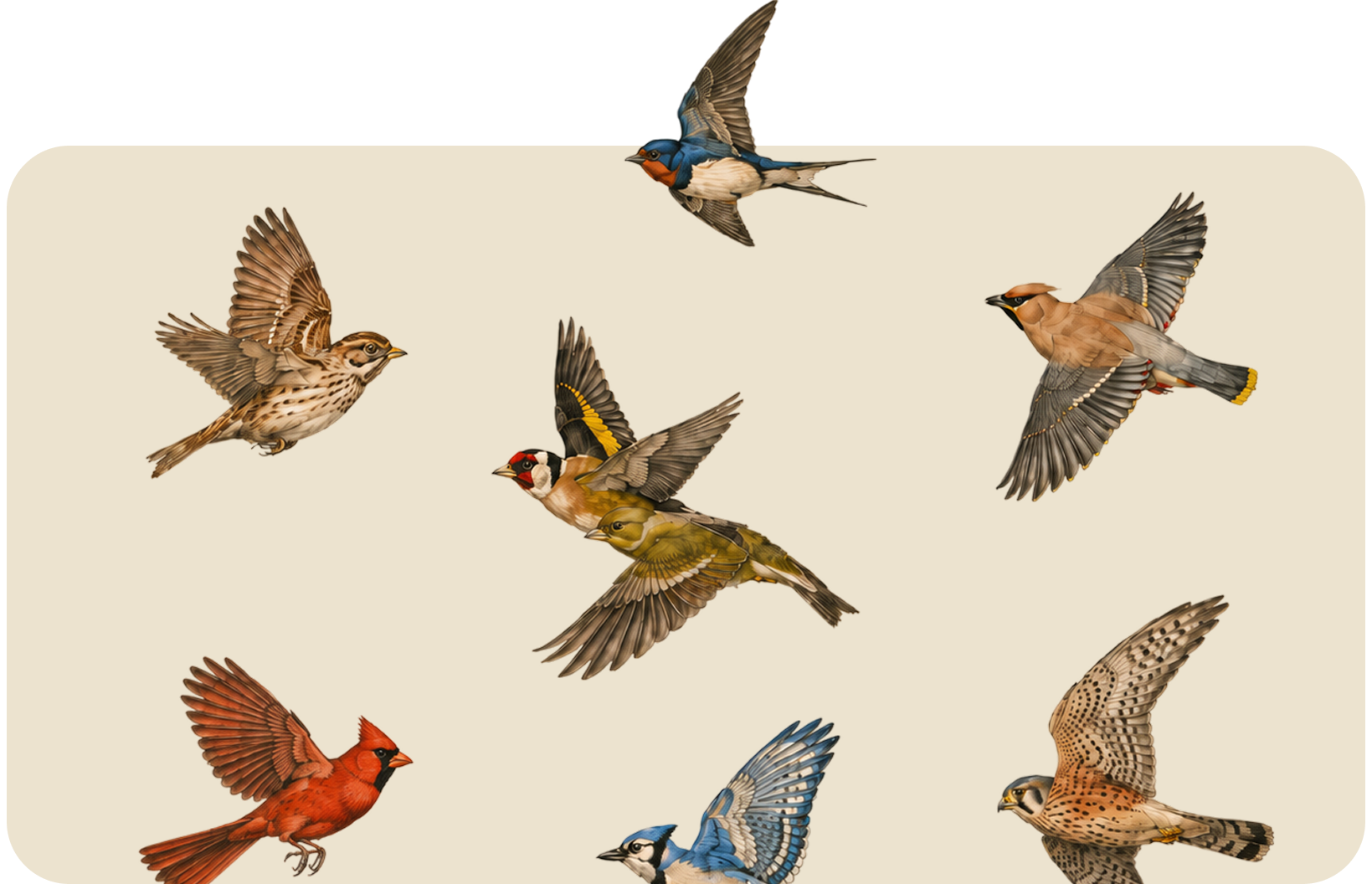 Six birds in flight on a beige background, in brown, red, blue, and gray plumage.