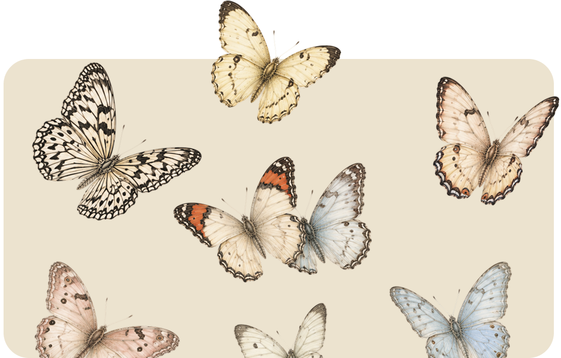 Butterflies in muted cream, beige, and gray tones scattered across a light background