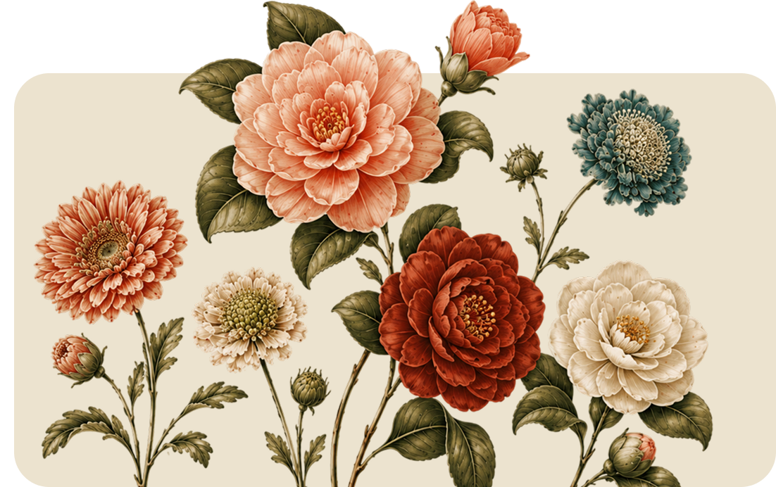 Botanical illustration of assorted flowers in peach, red, white, and blue-green on a cream background