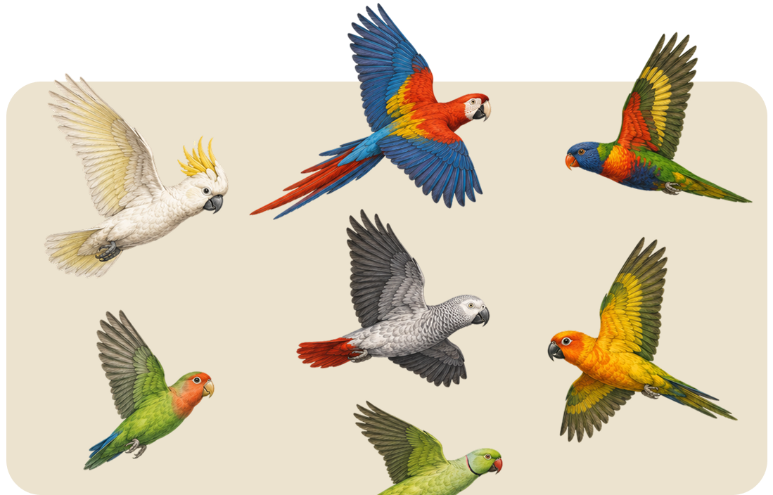 Six colorful parrots flying on a light background