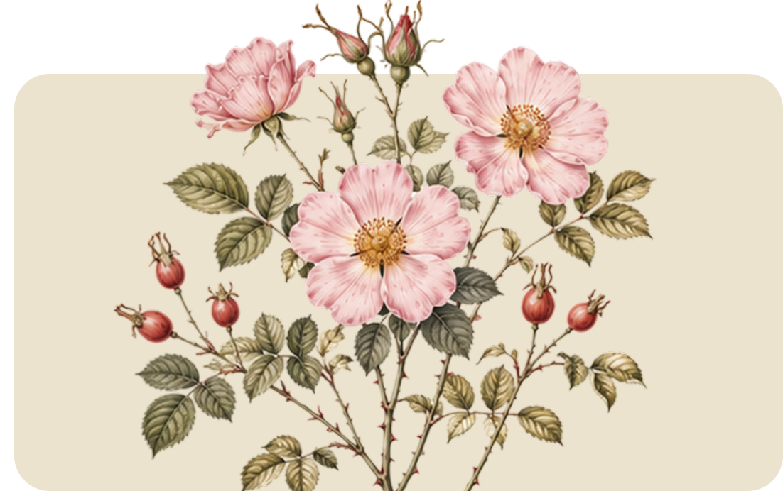 Botanical illustration of pink wild roses with green leaves and red berries on a beige background