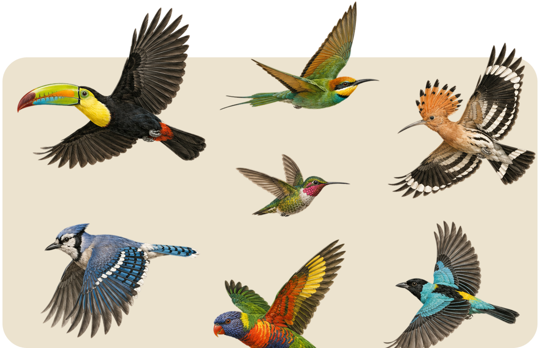 Six colorful birds flying in different directions on a light background