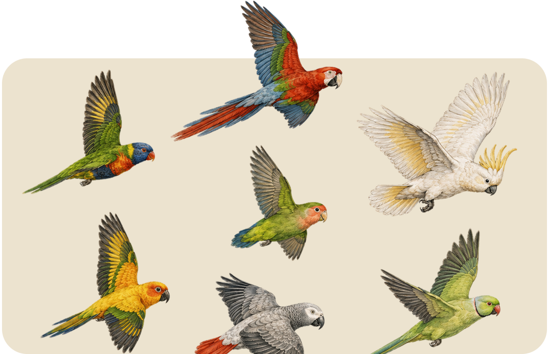 Six colorful parrots and cockatoos in flight on a light background