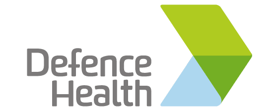 The defence health logo has a green arrow pointing to the right.