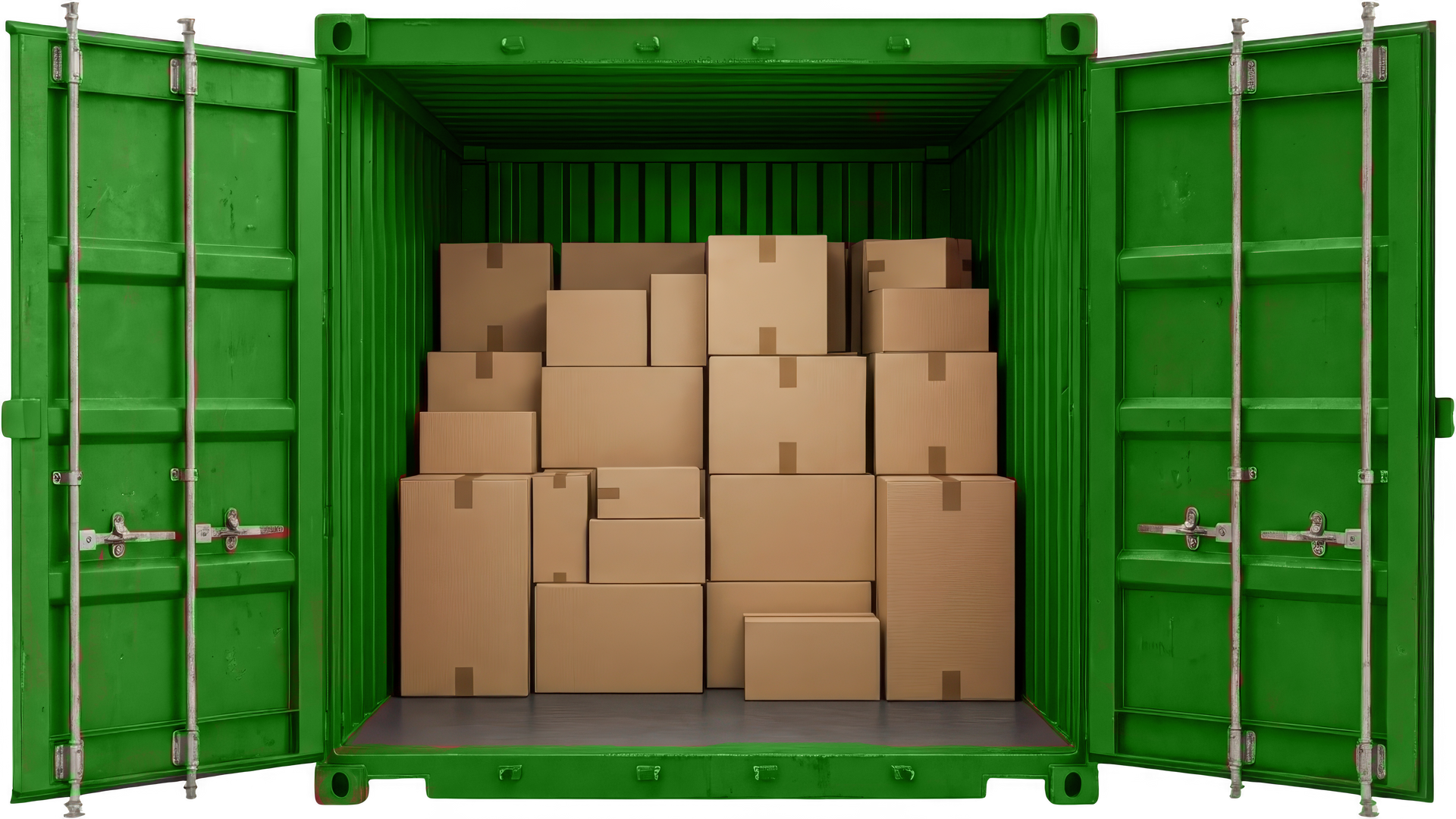 Open green shipping container filled with stacked cardboard boxes