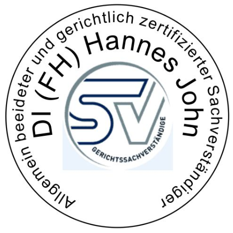 Rundes deutsches Zertifizierungslogo für den Vermessungsingenieur Hannes John