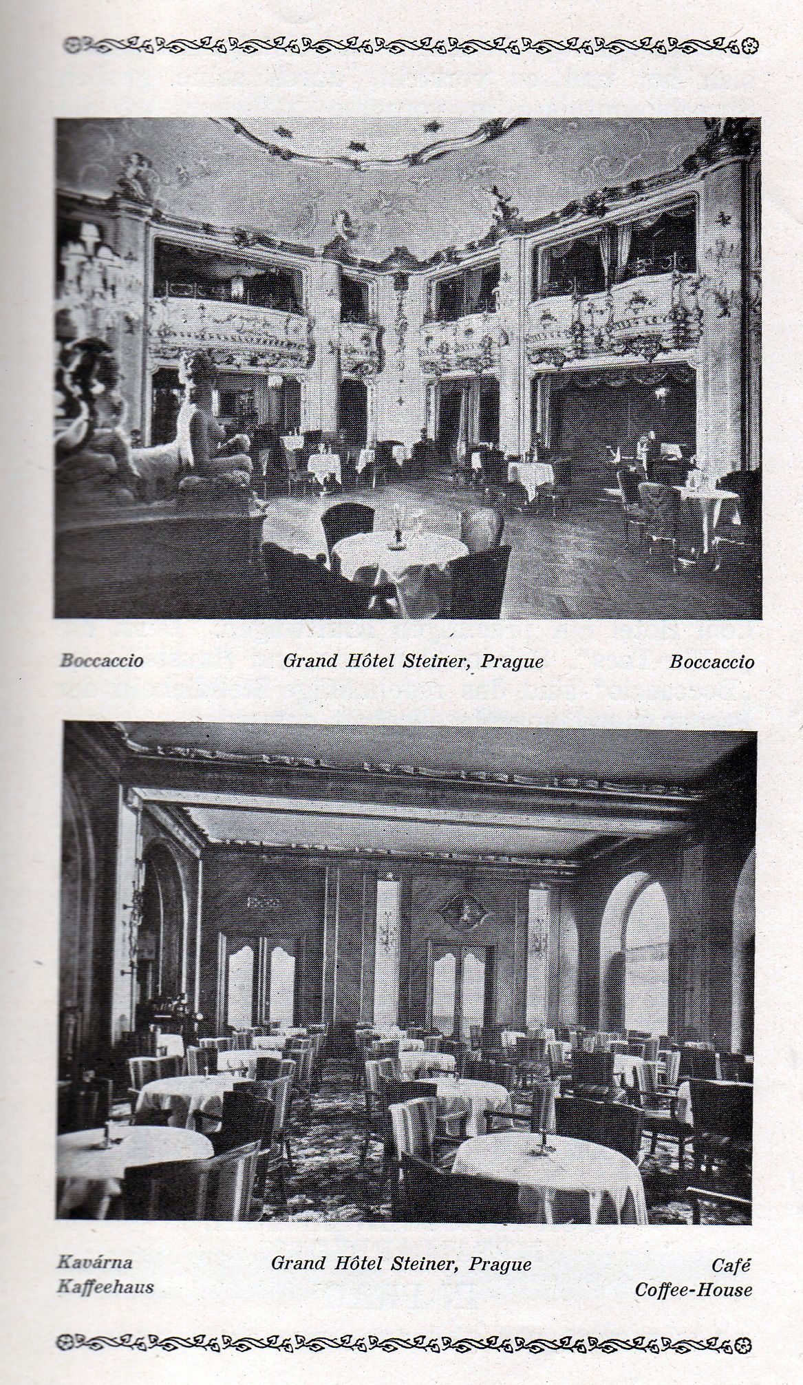 Two black-and-white photos of an ornate indoor dining room with tables, chairs, and tall arched windows