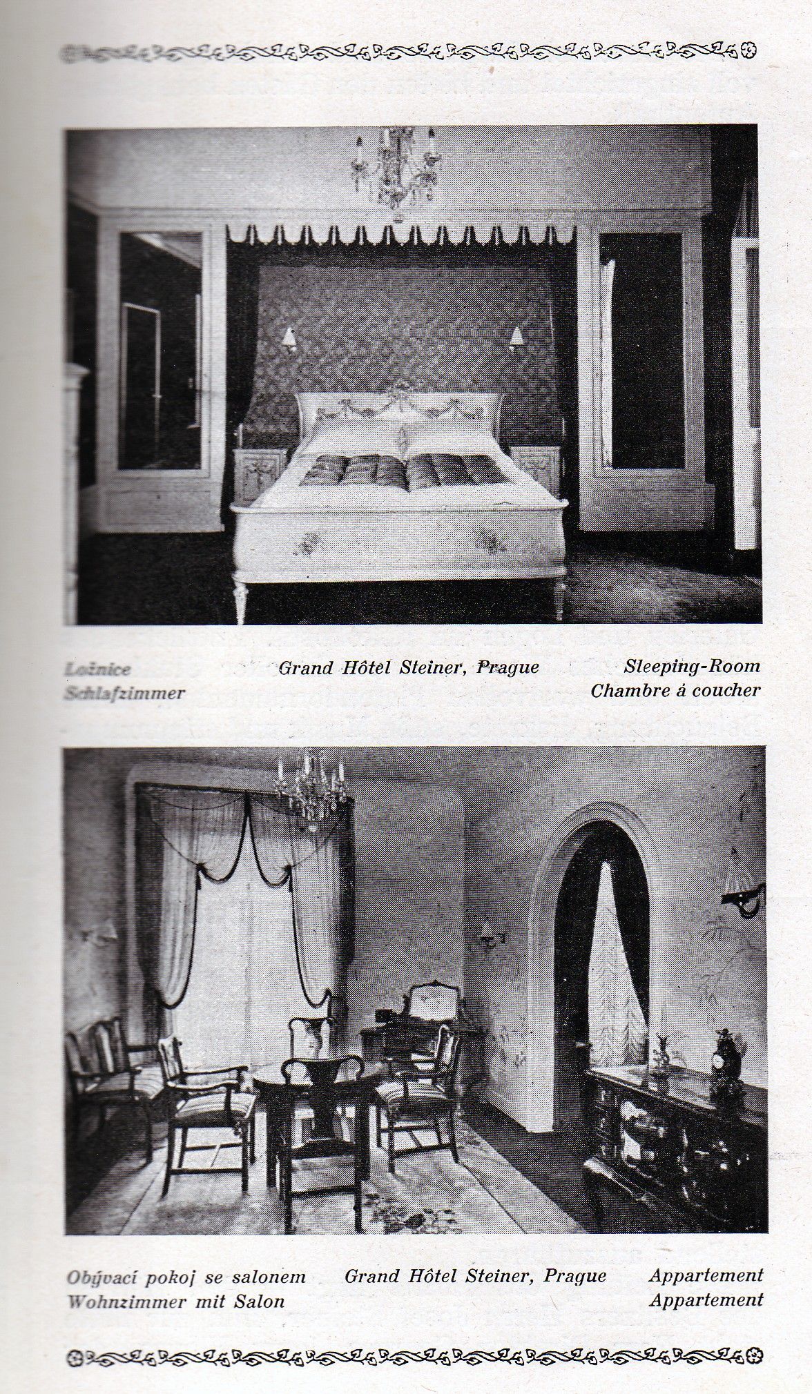 Vintage black-and-white brochure page showing two ornate bedroom interiors with beds, curtains, and chairs
