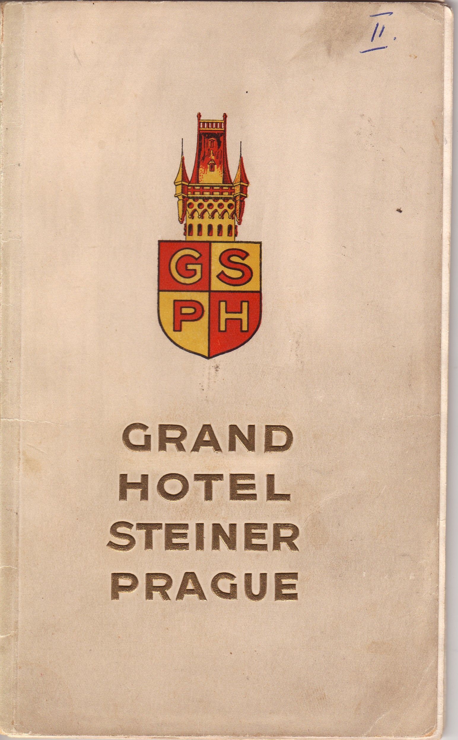 Vintage Grand Hotel Steiner Prague logo with red-and-gold crest and text on beige background