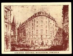 Sepia postcard of Grand Hotel Steiner in Prague, with buildings lining a city street.