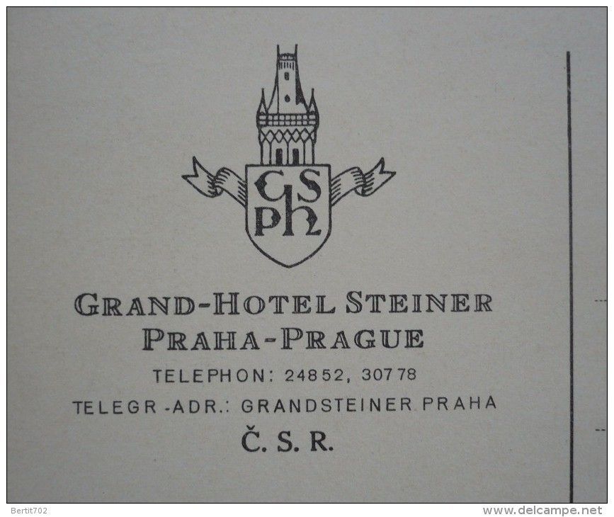 Black-and-white hotel letterhead for Grand Hotel Steiner, Praha-Prague, with tower logo and contact details.