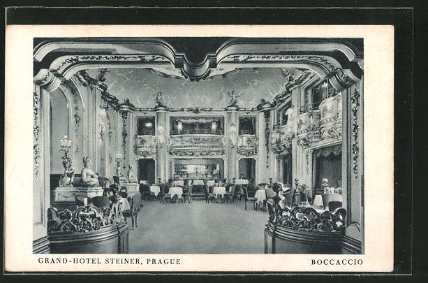 Black-and-white postcard of the grand hotel lounge with ornate columns, chandeliers, and seated guests
