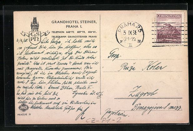 Vintage postcard with handwritten message, postage stamp, and postmark from Grandhotel Stein in Prague.