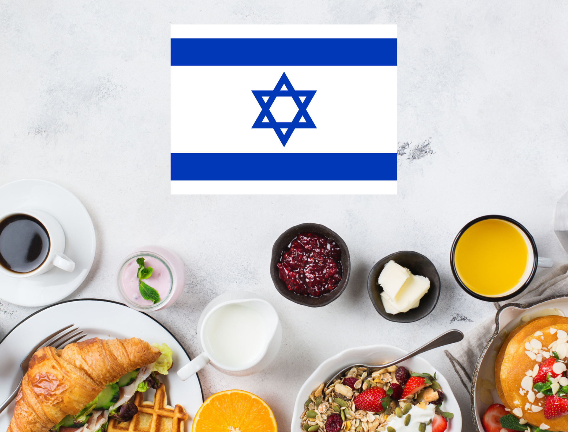 Israeli flag above a tabletop spread of breakfast foods, coffee, and juice