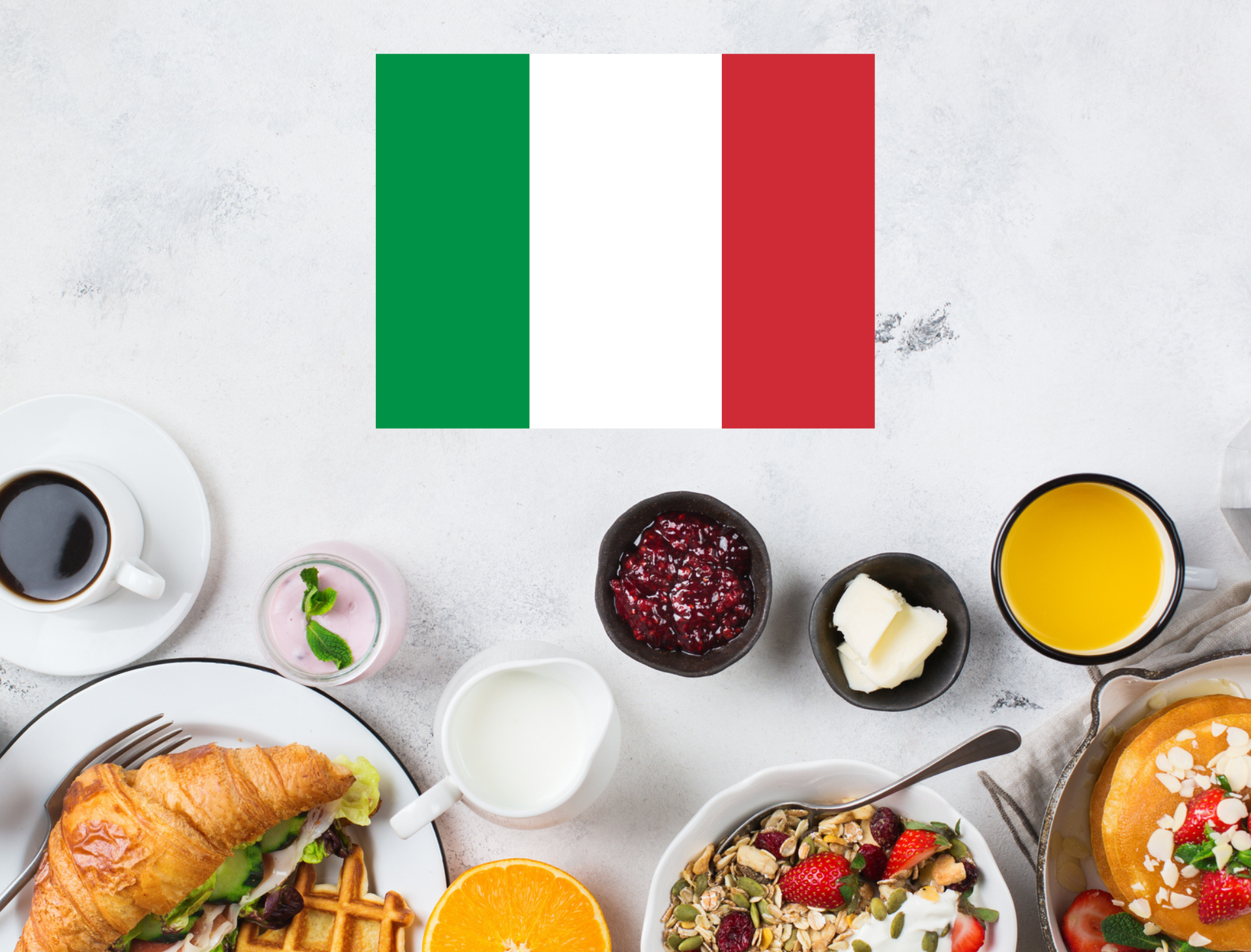Italian flag above assorted breakfast foods on a white table