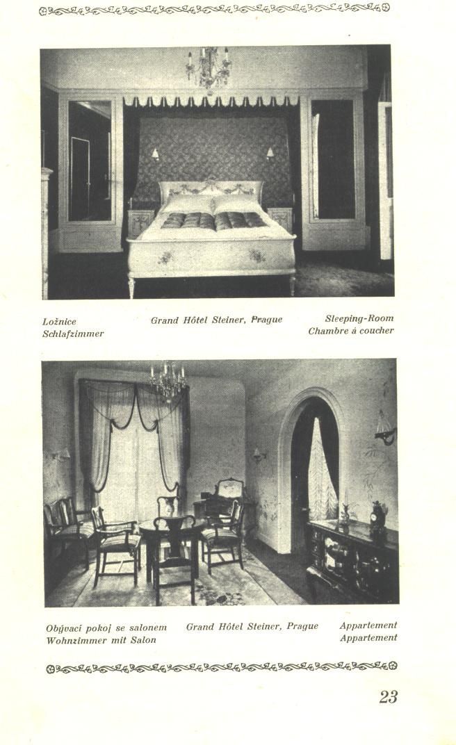 Two black-and-white photos of ornate bedroom interiors with a bed and vintage furnishings