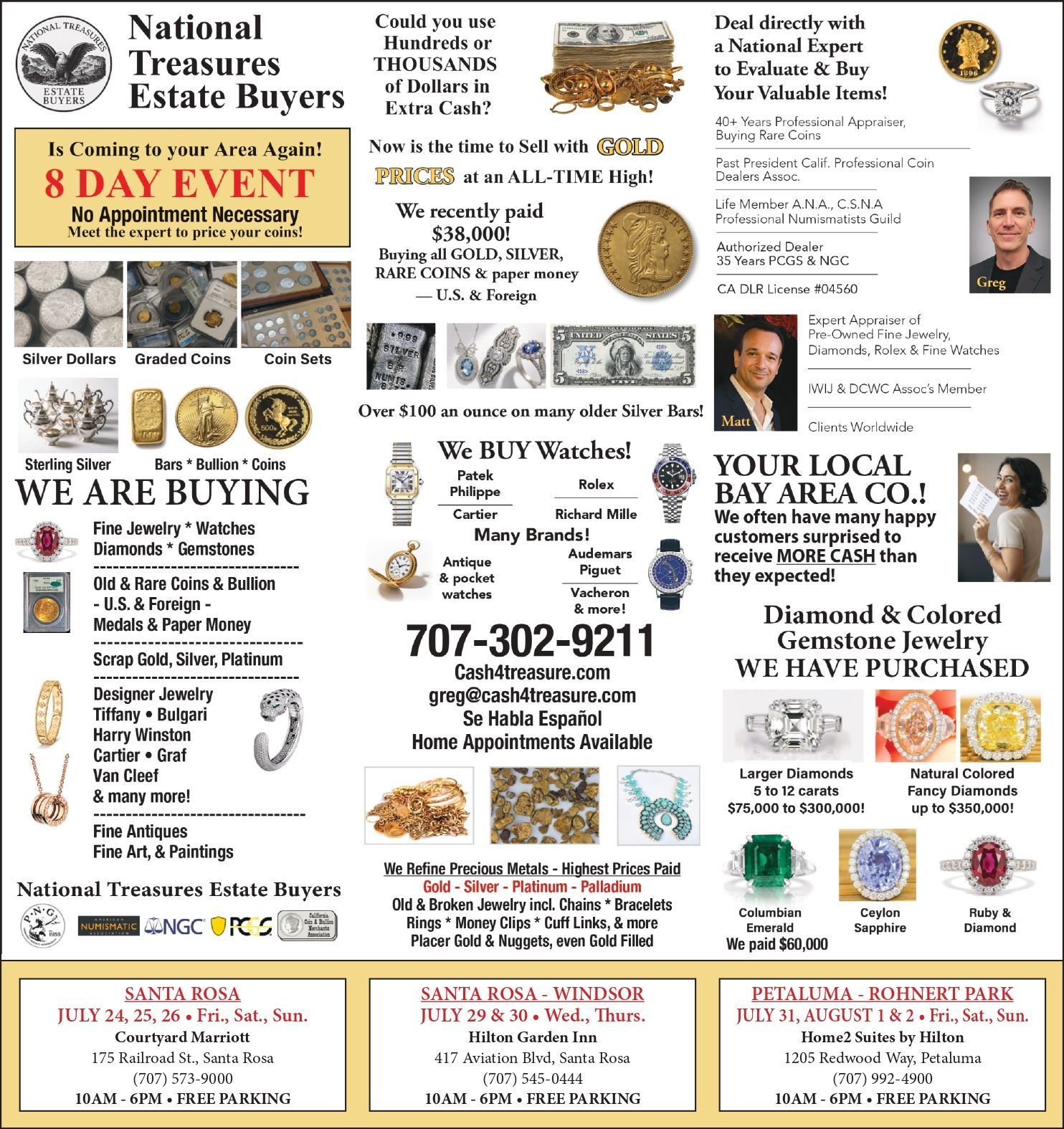 Flyer for National Treasures Estate Buyers 6-day event with buying and appraisal details, coins, jewelry, and antiques.