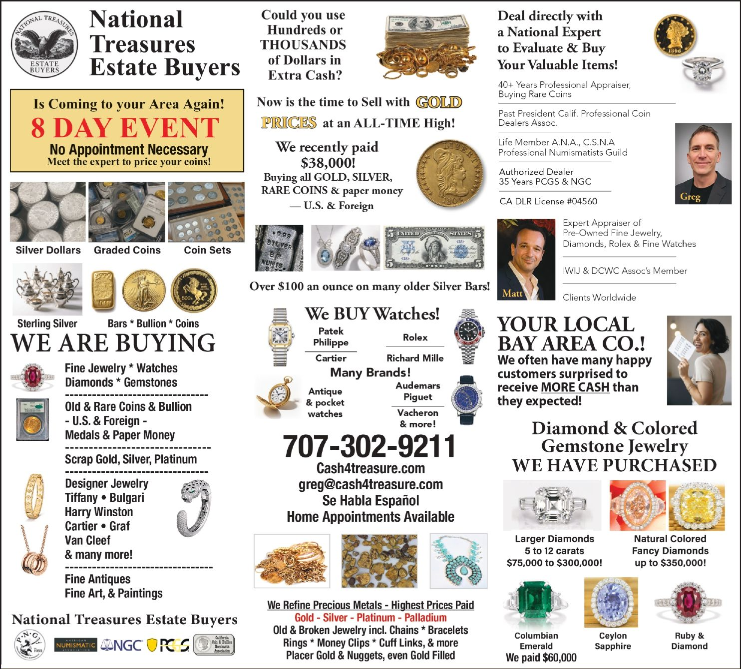 Flyer for National Treasures Estate Buyers 6-day event with buying and appraisal details, coins, jewelry, and antiques. Flyer for National Treasures Estate Buyers 6-day event with buying and appraisal details, coins, jewelry, and antiques.